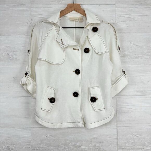 Chico’s 100% Linen Cropped Trench Jacket Women Small White Roll Sleeve Pockets - Picture 1 of 16